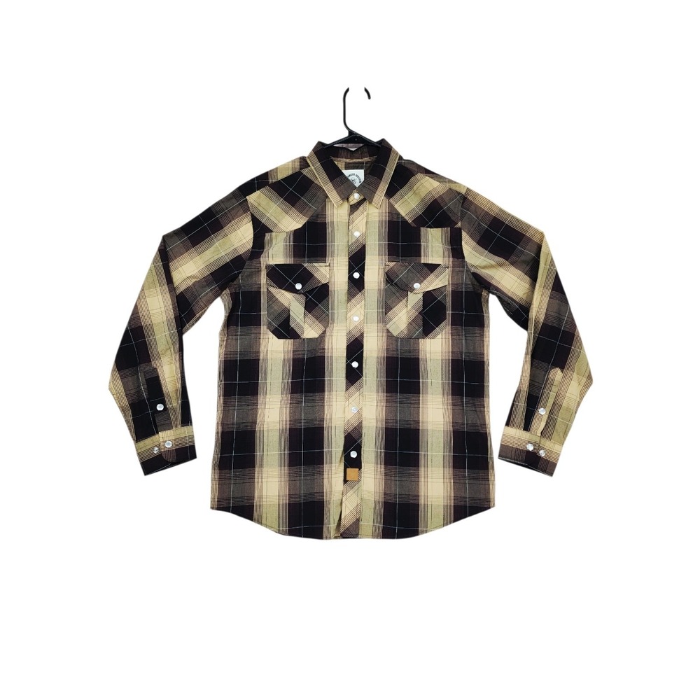 Dubinik Western Pearl Snap Shirt M Mens Brown Yellow Plaid Flannel Cowboy Rodeo